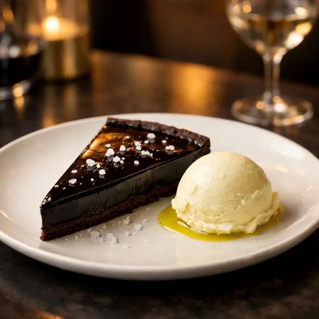 Dunkle Schokoladentarte mit Meersalzflocken und Olivenöl-Eis auf einem eleganten Teller