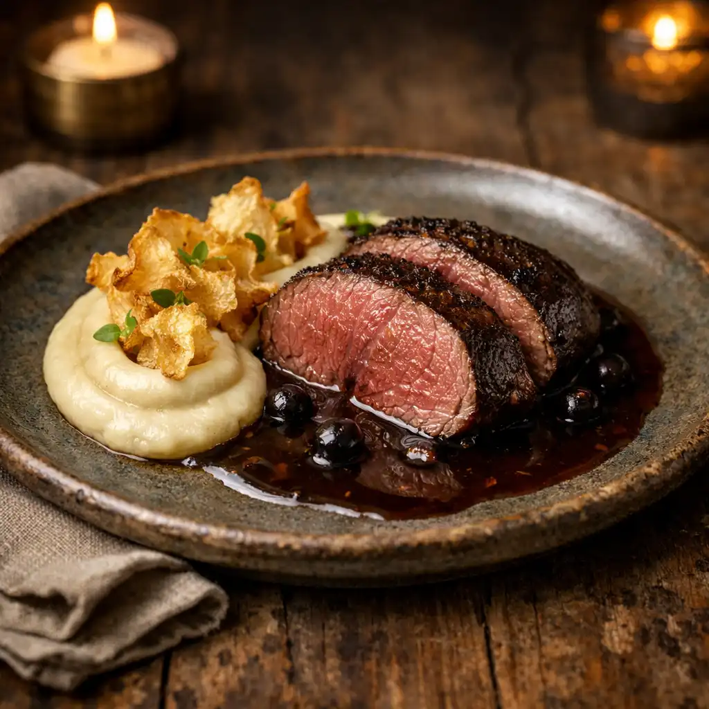 Elegant angerichtetes Rehfilet mit Selleriepüree, Selleriechips und Wacholderjus auf einem Keramikteller