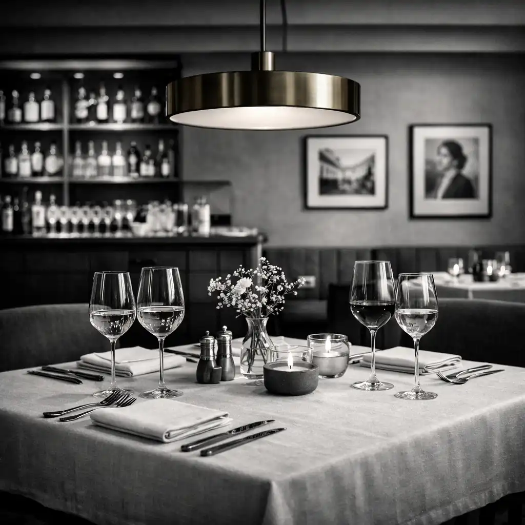 Eleganter gedeckter Tisch im Tafelzenor mit warmem Licht und klaren Linien