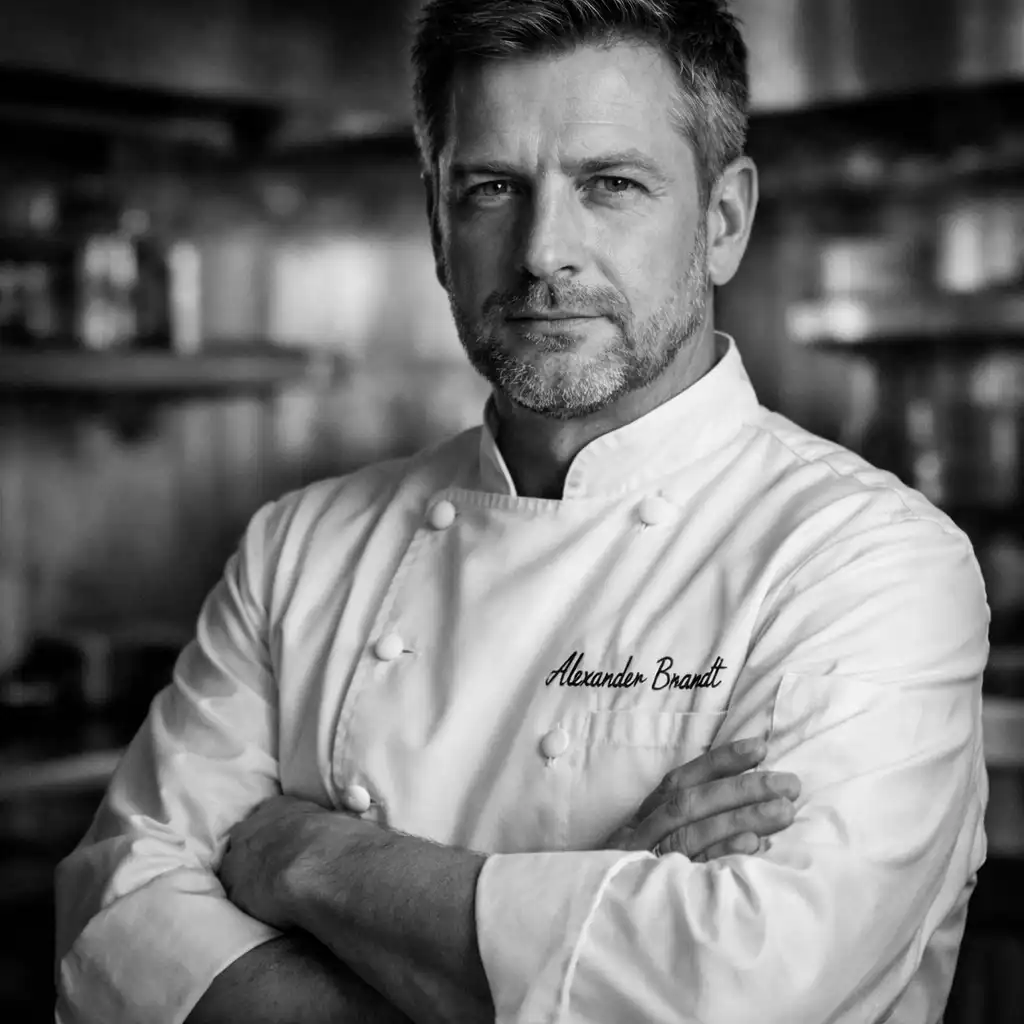 Schwarz-Weiß-Porträt von Küchenchef Alexander Brandt in Kochjacke