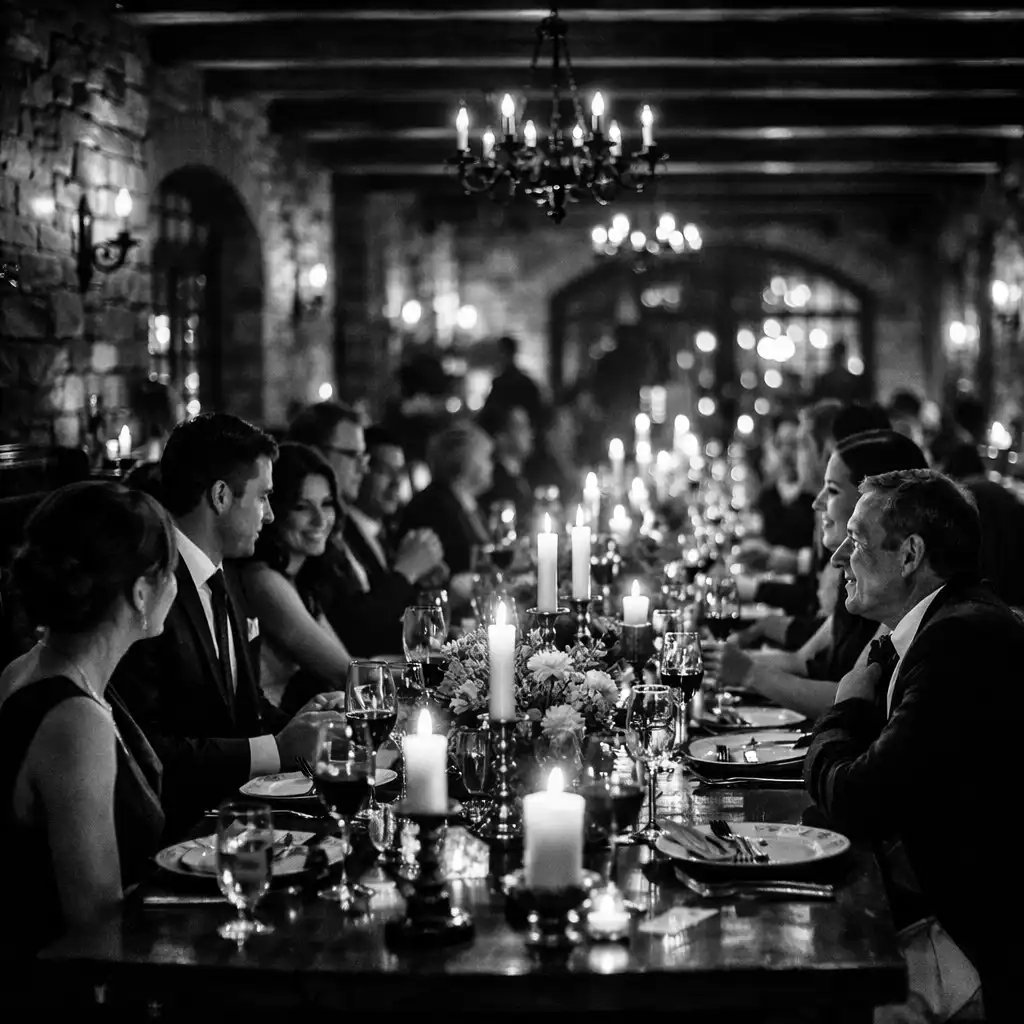 Atmosphärische Aufnahme des Hauptrestaurants bei Abendstimmung mit langer Tafel und Kerzen