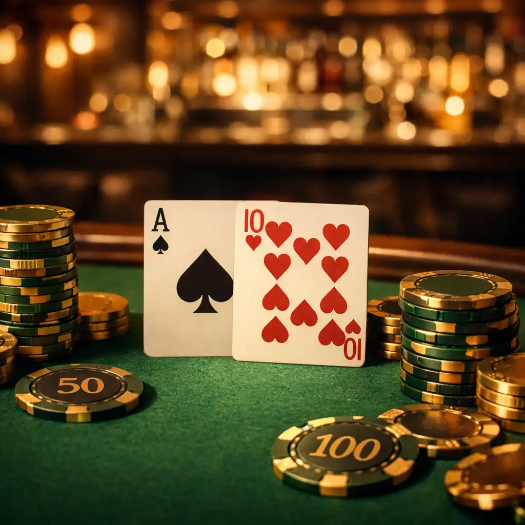 Nahaufnahme eines eleganten Pokertisches mit grünem Filz, Karten und Chips