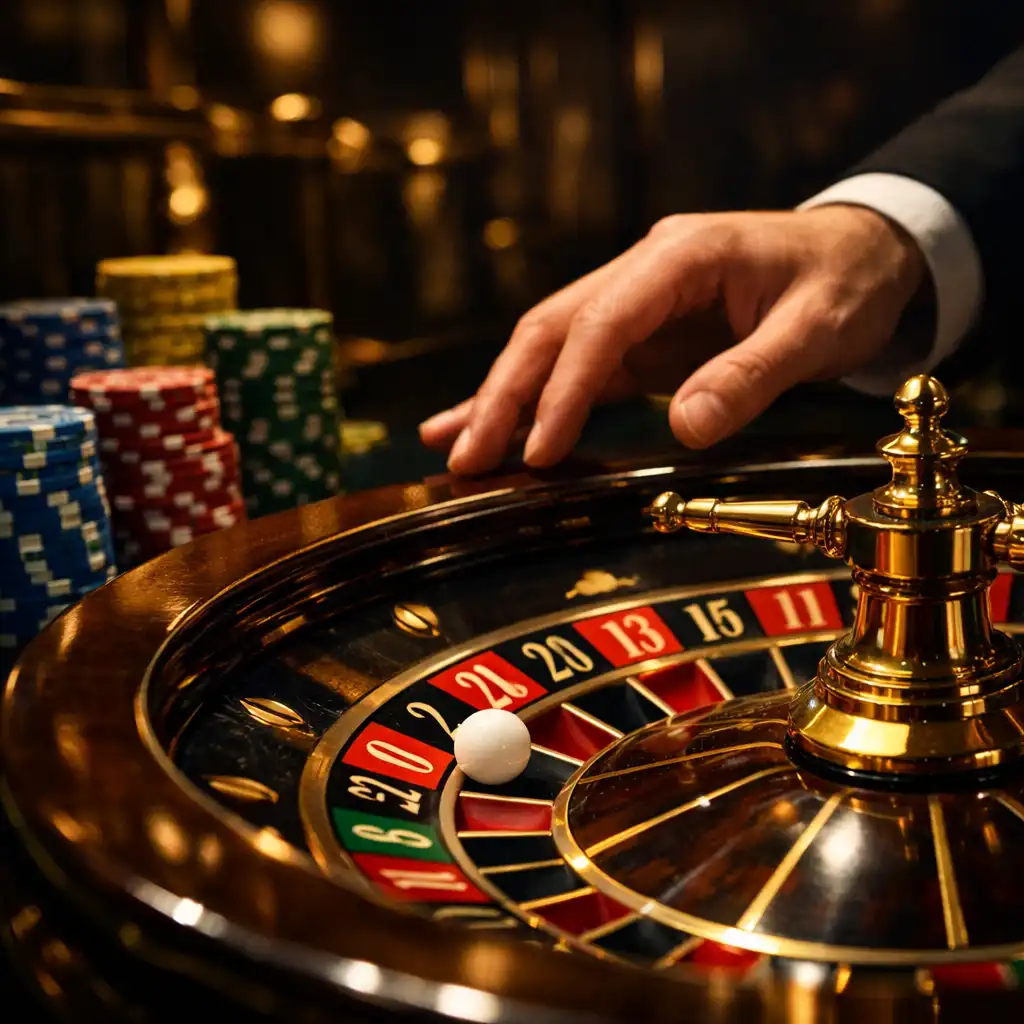 Detailaufnahme eines Roulette-Tisches mit Kugel auf dem Rad und Chips