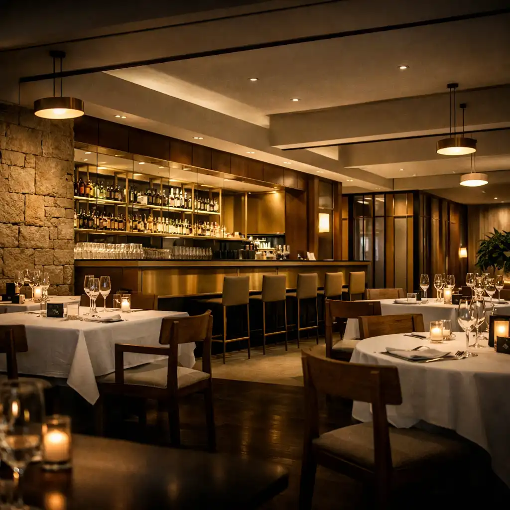 Weitwinkelaufnahme des Hauptrestaurants von Tafelzenor mit hohen Decken, klaren geometrischen Linien und eleganten Tischen