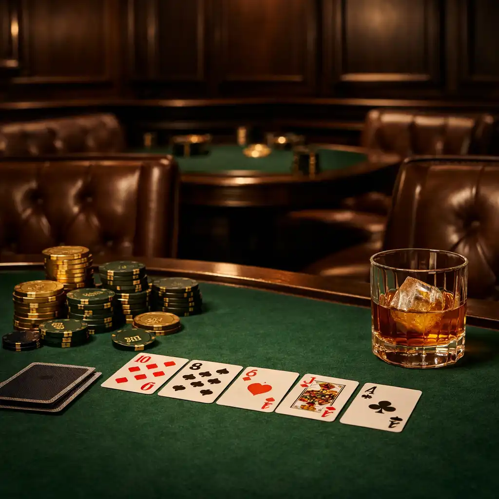 Eleganter Pokertisch mit Karten, Chips und Whiskeyglas in gedämpftem Licht