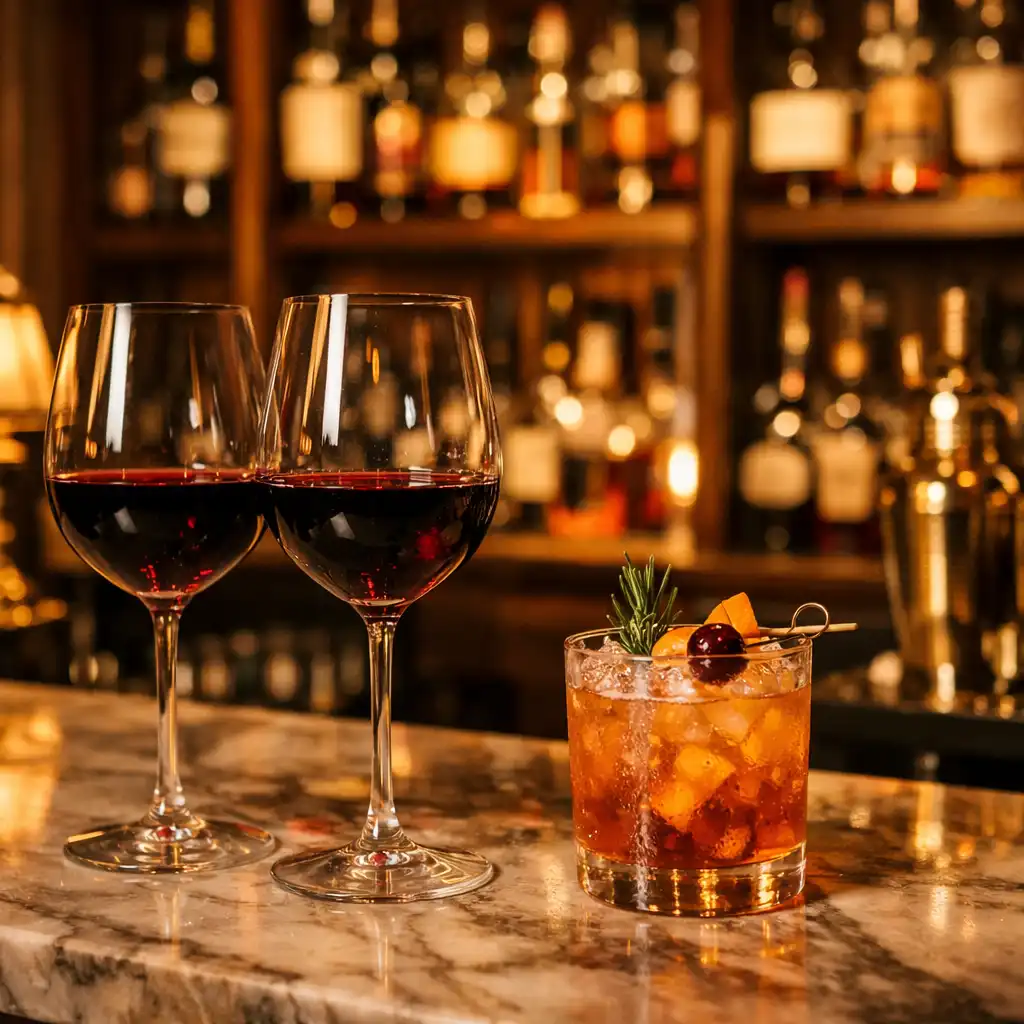 Zwei Weingläser mit Rotwein und ein handgemachter Cocktail auf einer Marmorbar mit Flaschenregal im Hintergrund