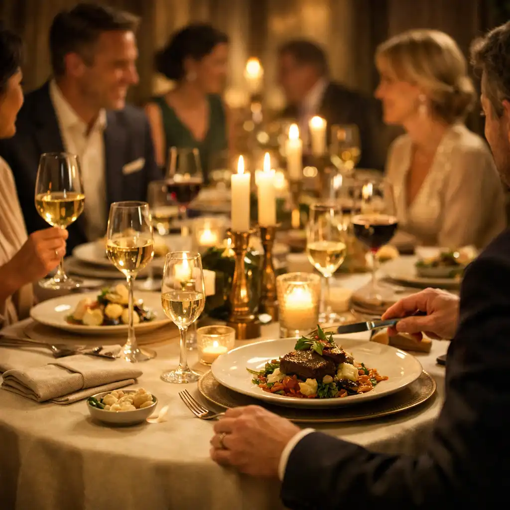 Gedeckter Tisch mit Gästen während des Dinners, Kerzenlicht und Weingläser