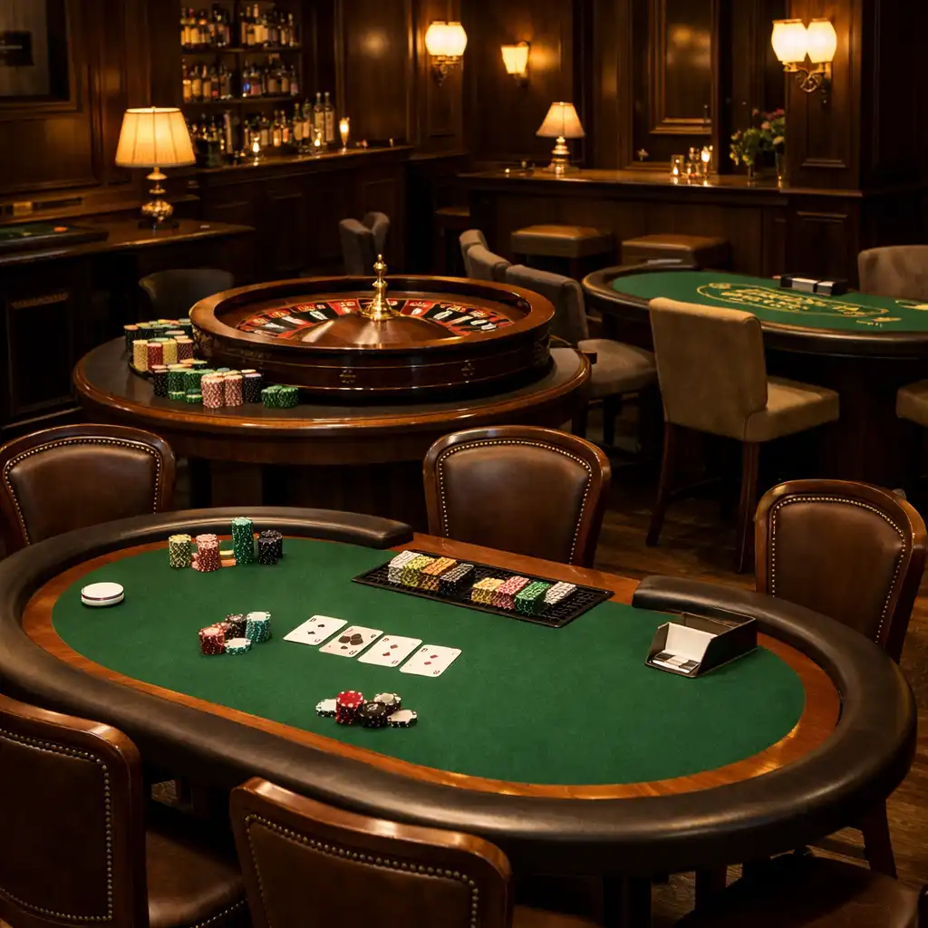 Spielbereich mit Pokertisch, Roulette-Rad und Blackjack-Tisch in elegantem Ambiente
