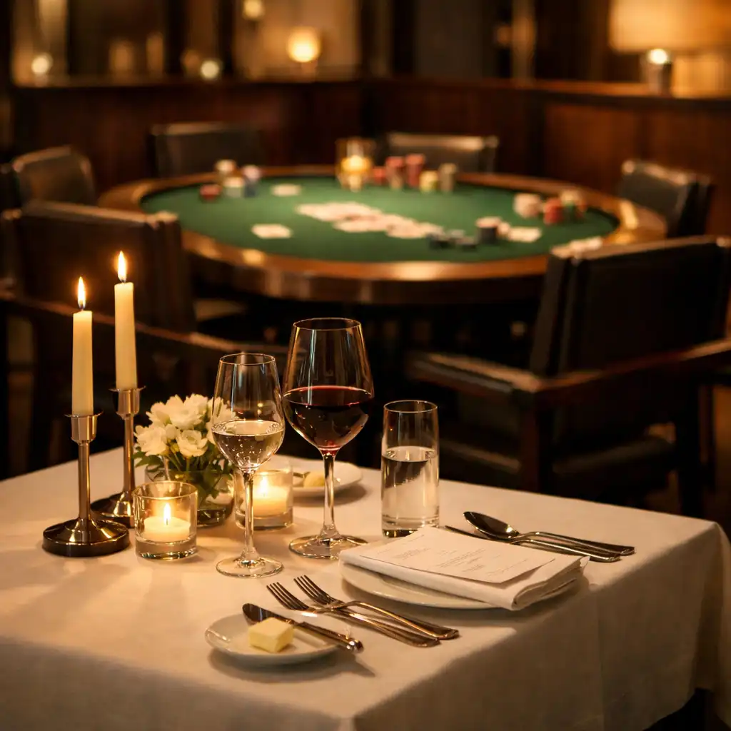 Elegant gedeckter Tisch mit Weingläsern und Kerzenlicht, im Hintergrund ein Pokertisch